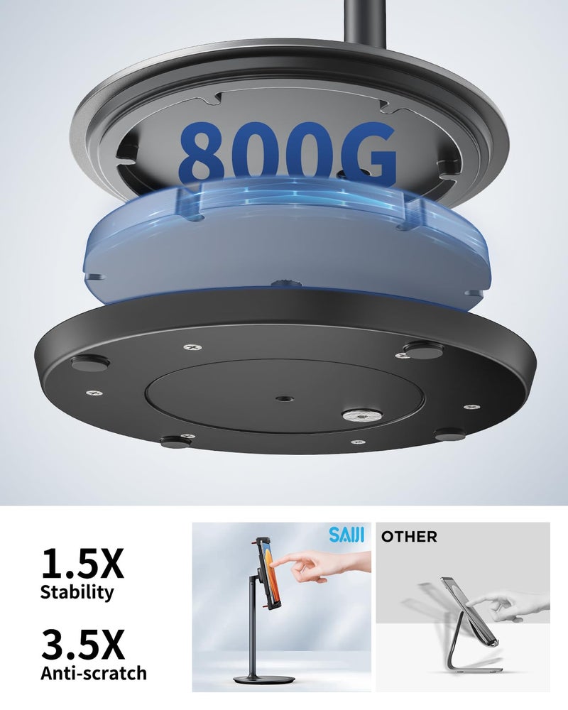 SAIJI Tablet Stand Holder, Extra-Height Adjustable Kindle Stand, 360 Degree Rotating iPad Holder, Aluminum Alloy Cradle Mount Dock for 4.7"-15.6" iPhone, Samsung, Tablets, Portable Monitor (Black) - Image 2